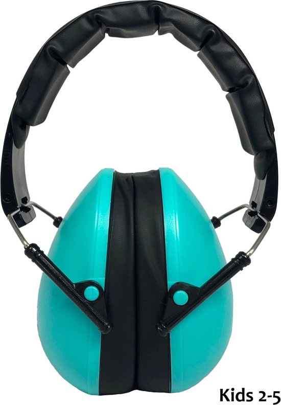 Casque antibruit turquoise pour enfants avec serre-tête noir, replié. Pour 2-5 ans.