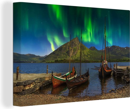 Navires vikings sous les aurores boréales en Norvège 120x80 cm - Tirage photo sur toile (Décoration murale salon / chambre)