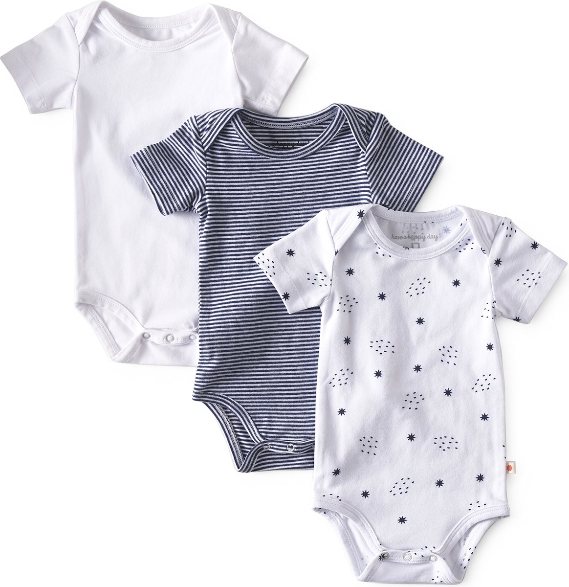 Little Label - romper korte mouw 3-pack - navy white 9M - maat: 74 - bio-katoen