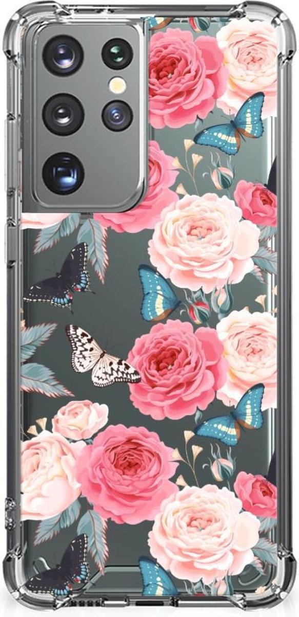 TPU Case Anti-Shock voor Samsung Galaxy S21 Ultra Case Butterfly Roses