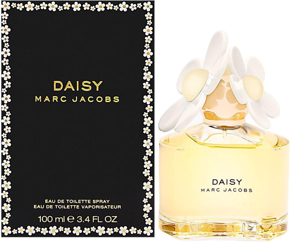 Gouden parfumfles met witte bloemendop en "DAISY MARC JACOBS" op de voorkant.