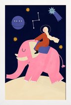 JUNIQE - Poster met houten lijst Elephant Ride -13x18 /Blauw & Roze