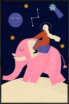 JUNIQE - Poster met kunststof lijst Elephant Ride -40x60 /Blauw & Roze