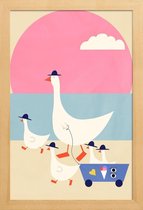 JUNIQE - Poster in houten lijst Geese on Vacation -40x60 /Blauw & Roze