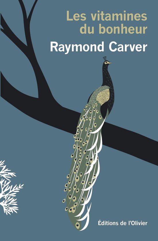 Boek 'Les vitamines du bonheur' van Raymond Carver met een pauw op een tak.