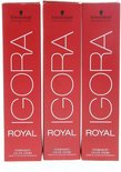 Drie kartonnen dozen van IGORA ROYAL permanente kleuring, rood met witte letters.