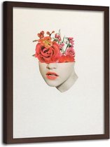 Foto in frame , Half vrouwen gezicht met Rode rozen ,70x100cm , wit beige , wanddecoratie