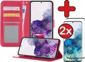 Samsung S20 Hoesje Book Case Met 2x Screenprotector - Samsung Galaxy S20 Case Wallet Hoesje Met 2x Screenprotector - Donker Roze