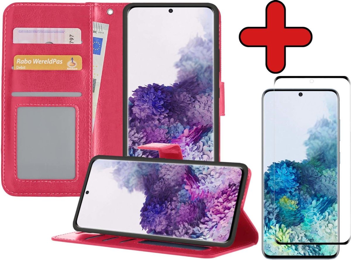 Samsung S20 Ultra Hoesje Book Case Met Screenprotector - Samsung Galaxy S20 Ultra Case Hoesje Wallet Cover Met Screenprotector - Donker Roze