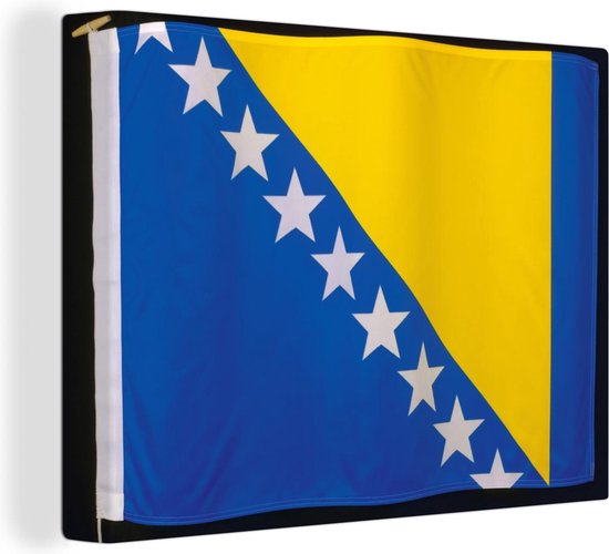 Canvas Schilderij De vlag van Bosnië en Herzegovina op een zwarte achtergrond - 80x60 cm - Wanddecoratie