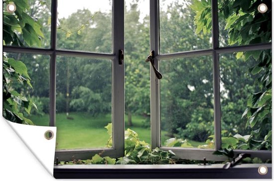 Affiche de jardin Out of the window - Vieille fenêtre envahie 120x80 cm - Toile de jardin / Toile d'extérieur / Peintures d'extérieur (décoration de jardin)