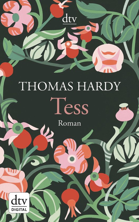 Boek met de titel "Tess" van Thomas Hardy, met een donkergroene achtergrond en een patroon van roze, witte en oranje bloemen en groene bladeren.