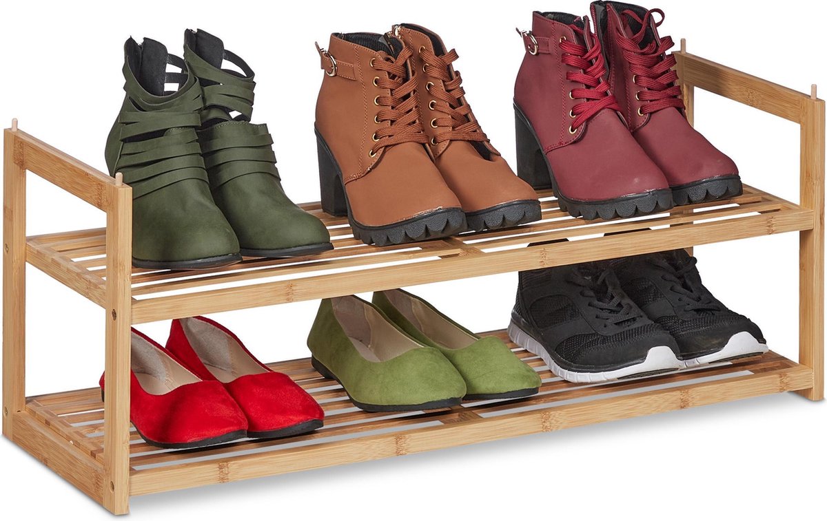 Relaxdays schoenenrek stapelbaar - 2 laags - schoenenkast bamboe - schoenenopberger smal | bol.com