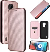 Voor Motorola Moto E7 Carbon Fiber Texture Magnetische Horizontale Flip TPU + PC + PU Leather Case met Card Slot (Pink)