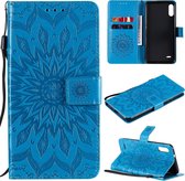 Voor LG K22 / K22 Plus Sun Embossing Pattern Horizontale Flip Leather Case met Card Slot & Holder & Wallet & Lanyard (Blue)