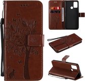 Voor Huawei Honor 9A Tree & Cat reliÃ«fpatroon Horizontale flip lederen tas met houder & kaartsleuven & portemonnee & draagkoord (koffie)