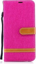 Kleurafstemming Denim Texture Leather Case voor Galaxy A8 +, met houder & kaartsleuven & portemonnee & lanyard (roze rood)