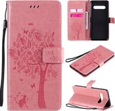 Voor LG V60 ThinQ 5G Boom & Kat ReliÃ«fpatroon Horizontale Flip Leren Case met Houder & Kaartsleuven & Portemonnee & Lanyard (Roze)