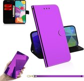 Voor Galaxy A41 Lmitated Mirror Surface Horizontale Flip Leather Case met houder & kaartsleuven & Wallet & Lanyard (paars)