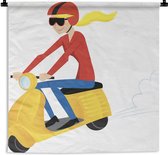 Tapisserie illustration Vespa - Illustration d'une fille sur une Vespa jaune Tapisserie coton 90x90 cm - Tapisserie avec photo