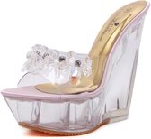 Dames Diamond 14cm hoge hakken Slippers Crystal waterdichte antislip bodem dikke sandalen, schoenmaat: 35 (roze)