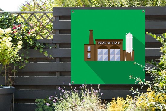 Tuinposter 100x100 cm - Tuindecoratie Illustratie bierbrouwerij op groene achtergrond - Poster voor in de tuin - Buiten decoratie - Schutting tuinschilderij - Tuindoek muurdecoratie - Wanddecoratie balkondoek