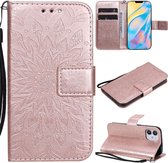 Voor iPhone 12 Geperst Afdrukken Zonnebloem Patroon Horizontale Flip PU Lederen Case Houder & Kaartsleuven & Portemonnee & Lanyard (Rose Goud)