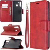 Voor Galaxy A21 retro lamsvacht textuur pure kleur horizontale flip pu lederen case met houder & kaartsleuven & portemonnee & lanyard (rood)