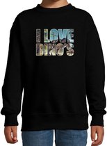 Tekst sweater I love dinosaurs met dieren foto van een dino zwart voor kinderen - cadeau trui T-Rex dinosauriers liefhebber - kinderkleding / kleding 7-8 jaar (122/128)