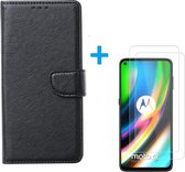Motorola Moto G9 Plus - Bookcase Zwart - portemonee hoesje met 2 stuks Glas Screen protector