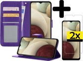 Samsung A12 Hoesje Book Case Met 2x Screenprotector - Samsung Galaxy A12 Case Wallet Cover - Samsung A12 Hoesje Met 2x Screenprotector - Paars