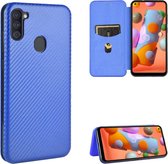 Voor Samsung Galaxy A11 (EU-versie) Koolstofvezeltextuur Magnetisch Horizontaal Flip TPU + PC + PU-lederen hoes met touw en kaartsleuf (blauw)