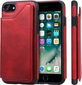 Voor iPhone 7/8 schokbestendig kalfsleer beschermhoes met houder en kaartsleuven en frame (rood)