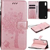 Voor Samsung Galaxy M01 Tree & Cat Pattern Pressed Printing Horizontale Flip PU Leather Case met houder & kaartsleuven & portemonnee & Lanyard (Rose Gold)