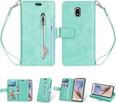 Voor Samsung Galaxy J3 (2018) / Galaxy J7 (2018) Multifunctionele Rits Horizontale Flip Leren Case met Houder & Portemonnee & 9 Kaartsleuven & Lanyard (Mintgroen)