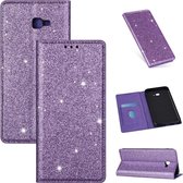 Voor Samsung Galaxy J4 + ultradunne glitter magnetische horizontale flip lederen tas met houder en kaartsleuven (paars)