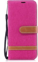 Kleurafstemming Denim Texture Leather Case voor Galaxy A8 / A530, met houder & kaartsleuven & portemonnee & lanyard (roze rood)