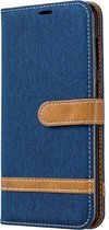 Kleurafstemming Denim Texture Leather Case voor Galaxy A70, met houder & kaartsleuven & portemonnee & lanyard (donkerblauw)