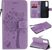 Voor Huawei Nova 7 Tree & Cat reliÃ«fpatroon Horizontale flip lederen tas met houder & kaartsleuven & portemonnee en lanyard (lichtpaars)