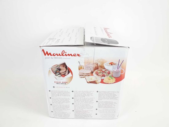 Zijkant van de Moulinex Pain & Delices broodbakmachine verpakking, met afbeeldingen van brood, pasta en ontbijt.