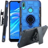 Voor Huawei Y7 (2019) 3 in 1 Cube PC + TPU beschermhoes met 360 graden draaien zwarte ringhouder (blauw)