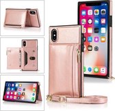 Portemonnee-tas met vierkante rits TPU + PU-achterklep met houder & kaartsleuven & portemonnee & cross-body riem voor iPhone XS / X (Rose Glod)