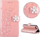 Voor iPhone SE 2020 Diamond Encrusted Plum Blossom Embossing Pattern Horizontale Flip lederen hoes met houder & kaartsleuven & portemonnee & lanyard (roségoud)