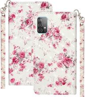 Voor Samsung Galaxy A52 5G 3D-patroon Horizontale Flip PU-lederen hoes met houder & kaartsleuven en portemonnee (roze bloem)