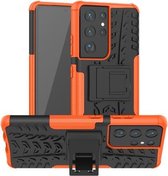 Voor Samsung Galaxy S21 Ultra 5G Bandentextuur Schokbestendig TPU + PC beschermhoes met houder (oranje)