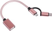 USB 3.0 Vrouwelijk naar Micro USB + USB-C / Type-C Mannelijk Opladen + Transmissie OTG Nylon Gevlochten Adapterkabel, Kabellengte: 19 cm (Roze)