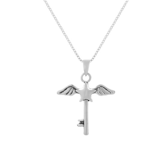 Ketting dames | Zilveren ketting met hanger, engelensymbolen