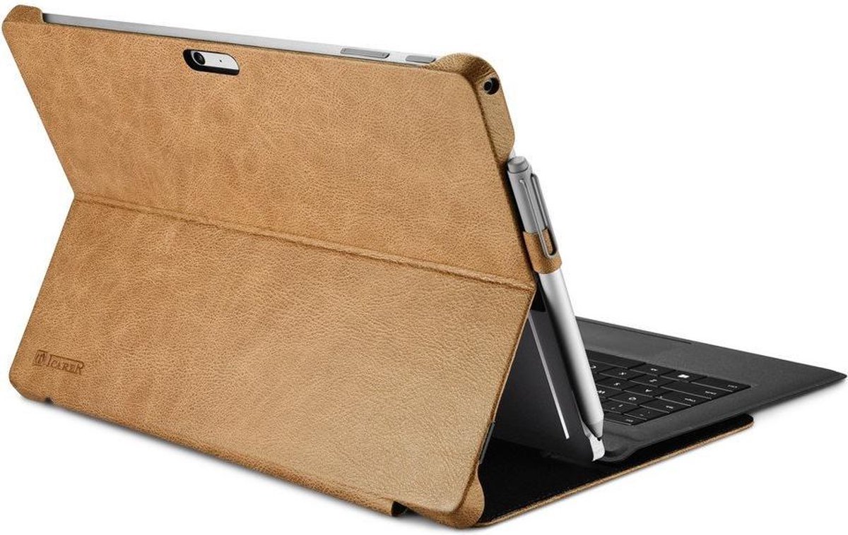 iCarer - Microsoft Surface Pro 6 Hoes - Luxe Book Cover Echt Leer Licht Bruin