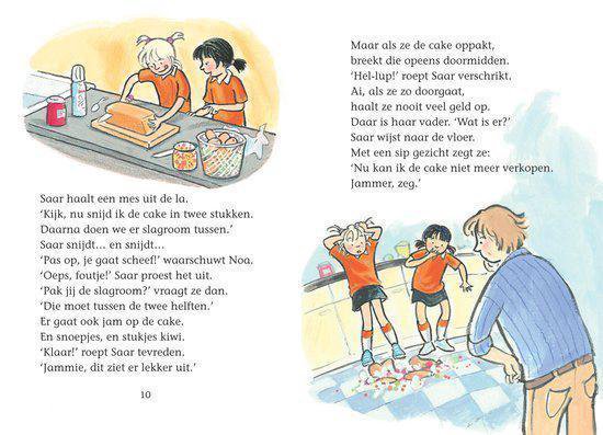 Twee meisjes in oranje shirts snijden een brood, een in het wit met een machine.