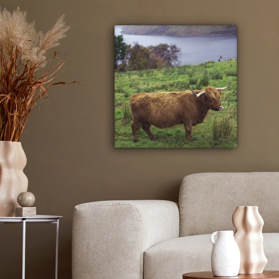 Peinture sur toile Highlander écossais - Herbe - Water - Animaux - 50x50 cm - Décoration murale